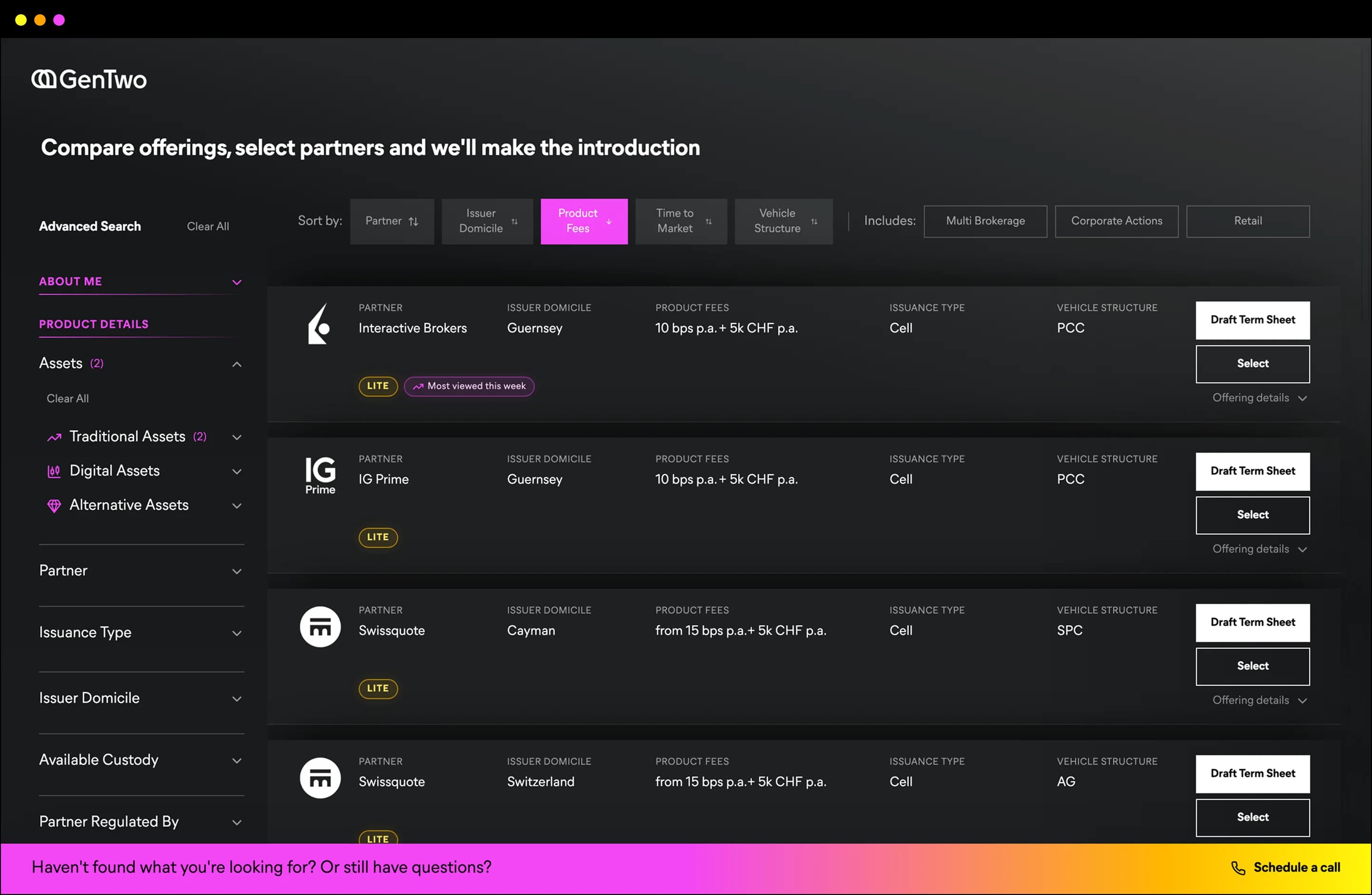 The AMC Creator app comparing execution-partner offerings by fees, custody and time to market