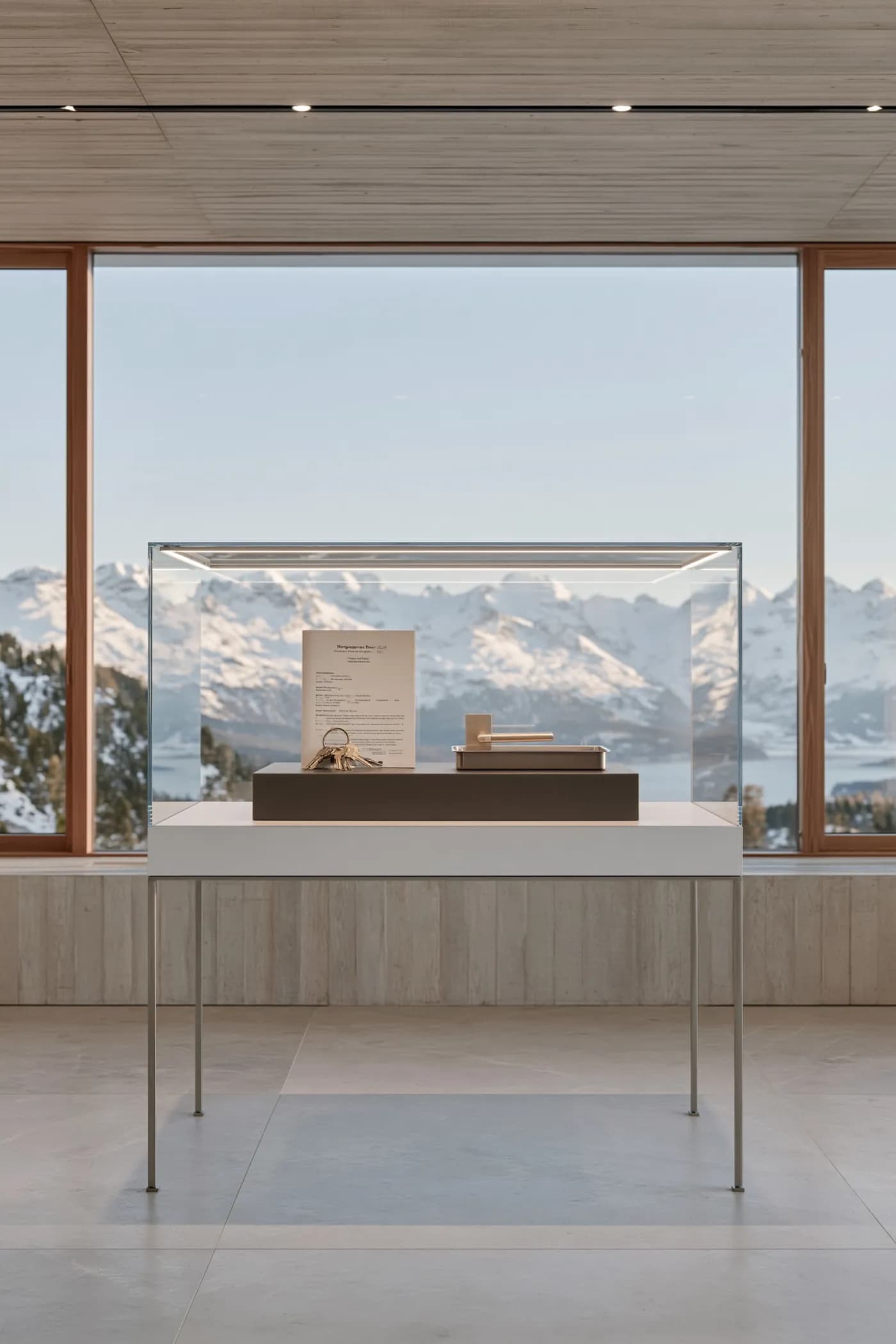 A mortgage deed with a ring of brass door keys and a door handle set, in a glass display cube overlooking snow-capped alpine peaks