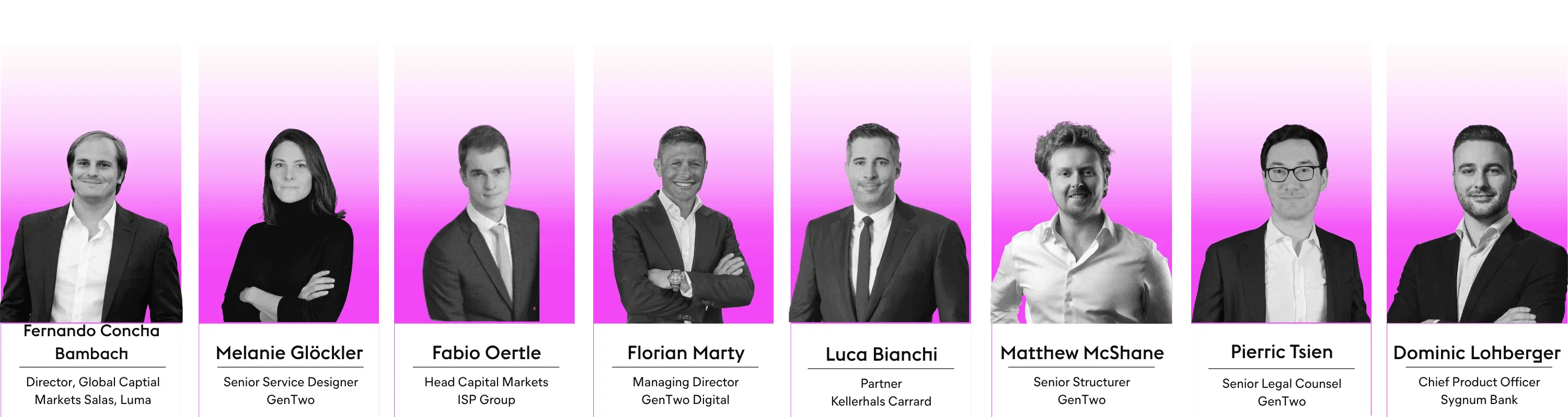 Global AMC Summit speakers from GenTwo, Luma, ISP Group, Kellerhals Carrard and Sygnum Bank